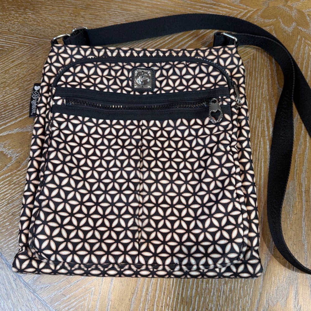 Brighton Nylon Crossbody Bag Black Cream Geometric Petal Print Heart Hardware